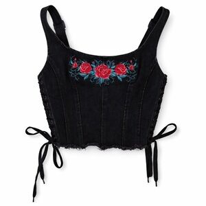 Dolls Kill Widow Grateful Heart Denim Floral Embroidered Bustier Corset Crop Top
